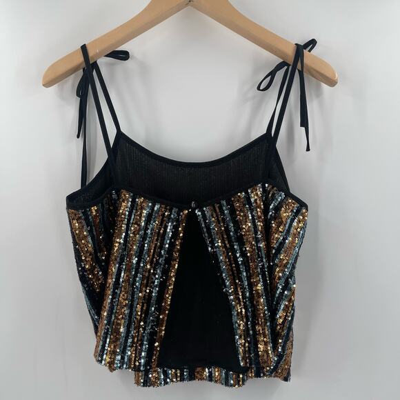 SAY WHAT? Sequin Tank Size Medium Stripe Button Back Tie Straps Open Back Party - Picture 2 of 14